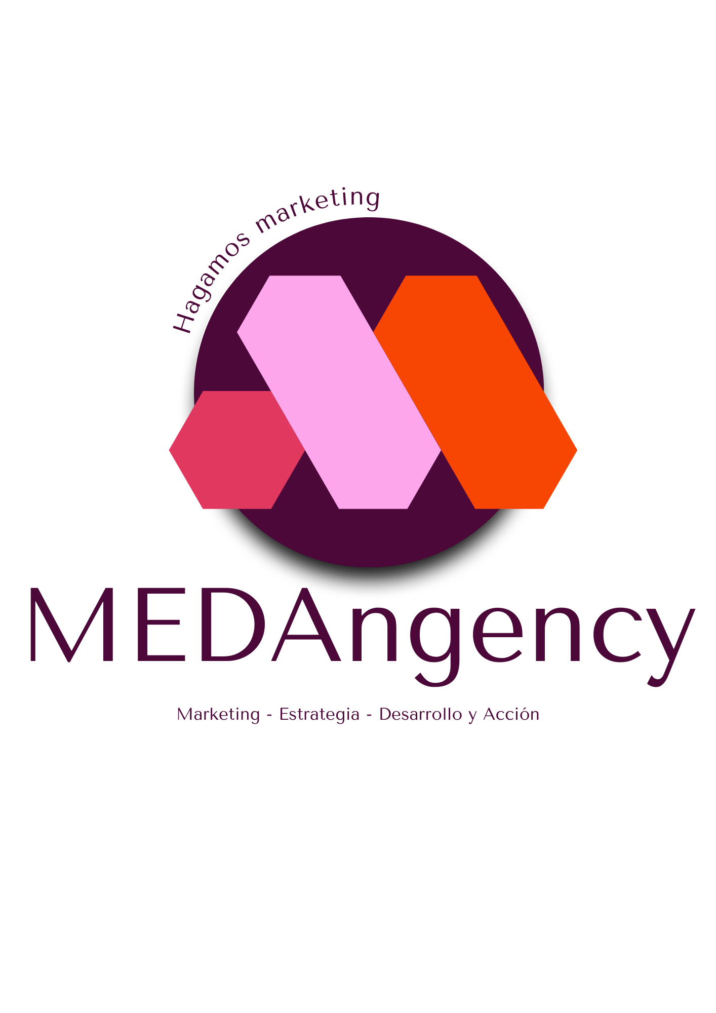 Logotipo con hexágonos de colores rosa, naranja y rojo y texto en español que dice 'Hagamos marketing' y 'Emergencia'.