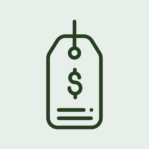 Line drawing of a price tag with a dollar sign.