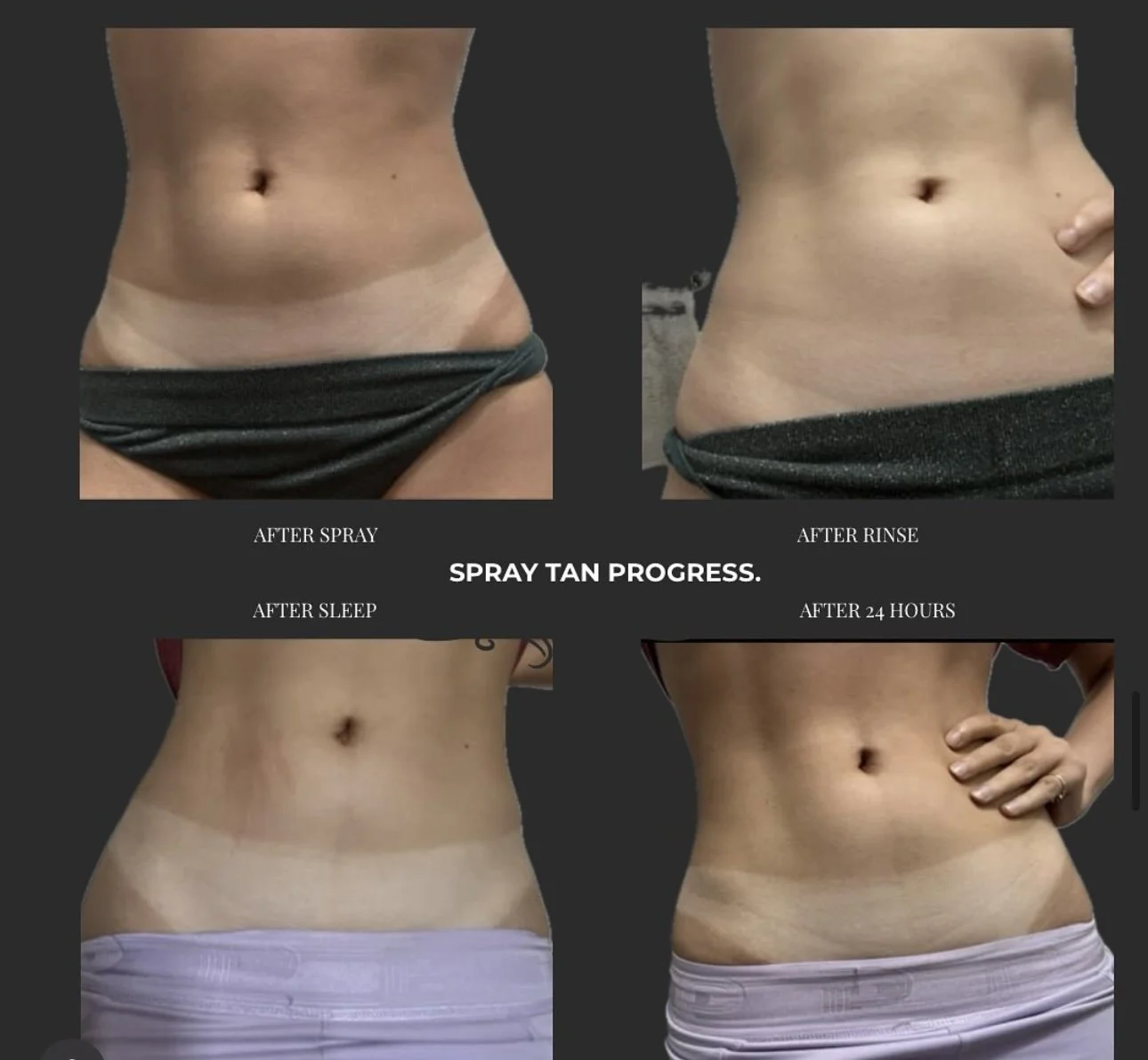 Progress photos of a woman's stomach showing changes after using spray tanning, including images labeled 'after spray,' 'after rinse,' 'after sleep,' and 'after 24 hours.'