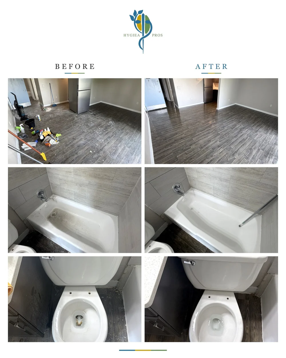 Before and after apartment turnover cleaning: floors, tub and toilet