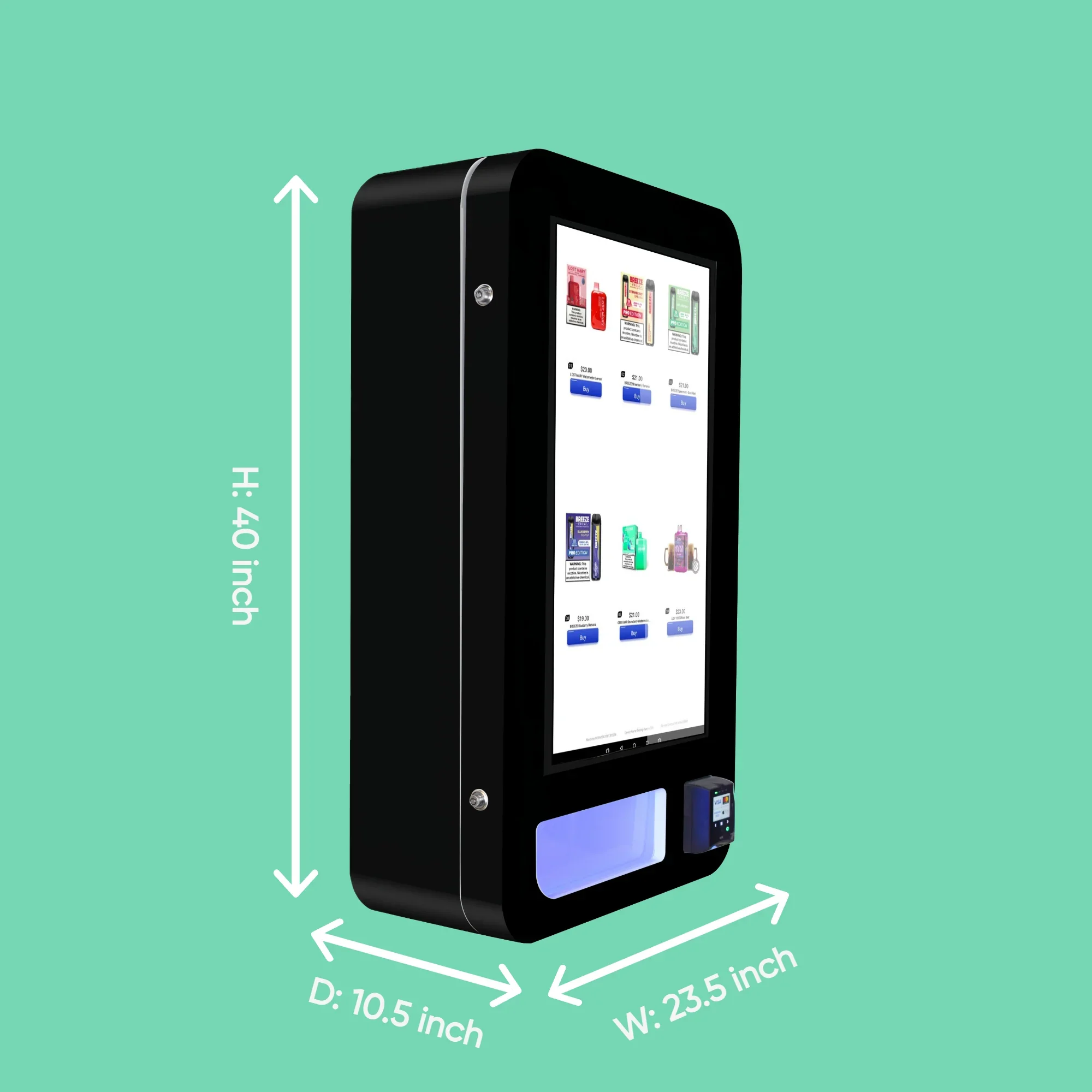 Compact vape vending machine with electronic product display, ideal for bars, lounges, and nightlife venues with limited space.