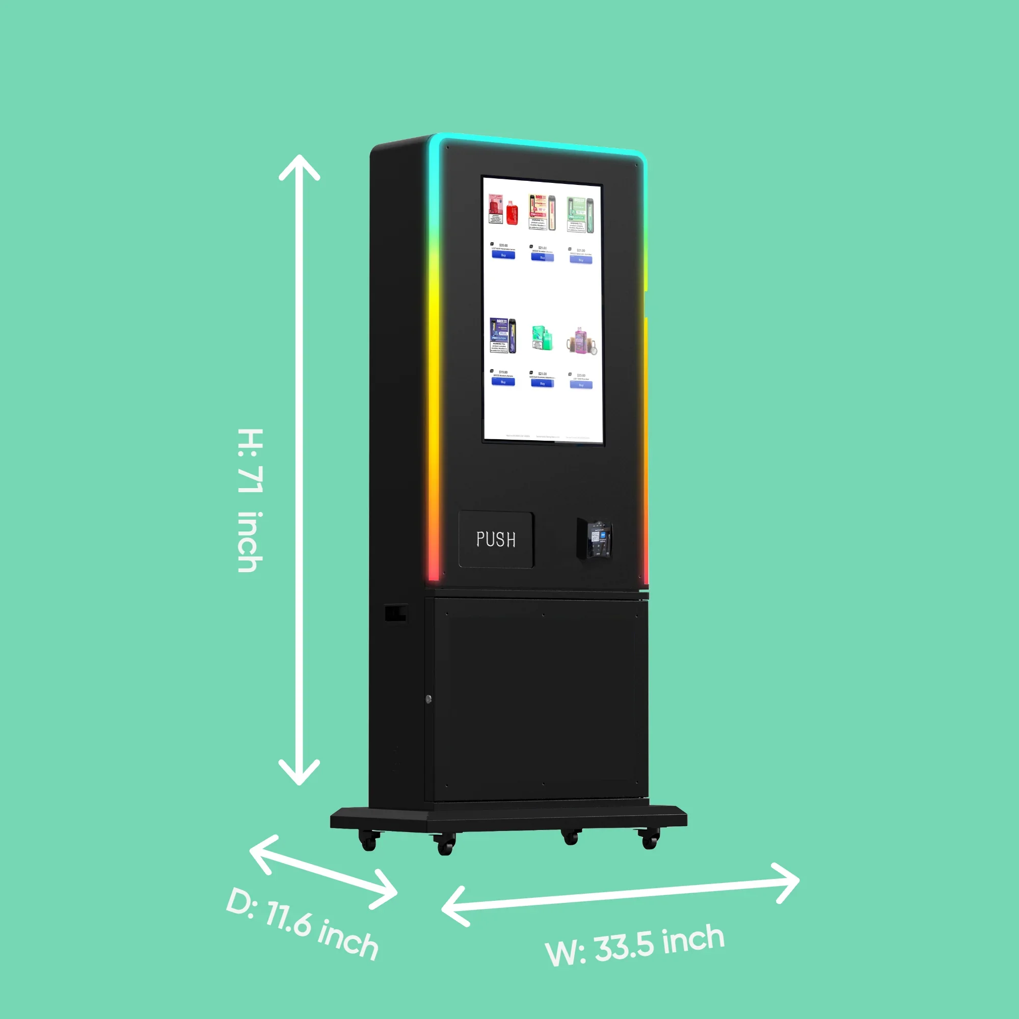 Slim-profile vape vending machine with LED lighting, touchscreen display, and card reader, designed for wall-mounted installation in bars and clubs.