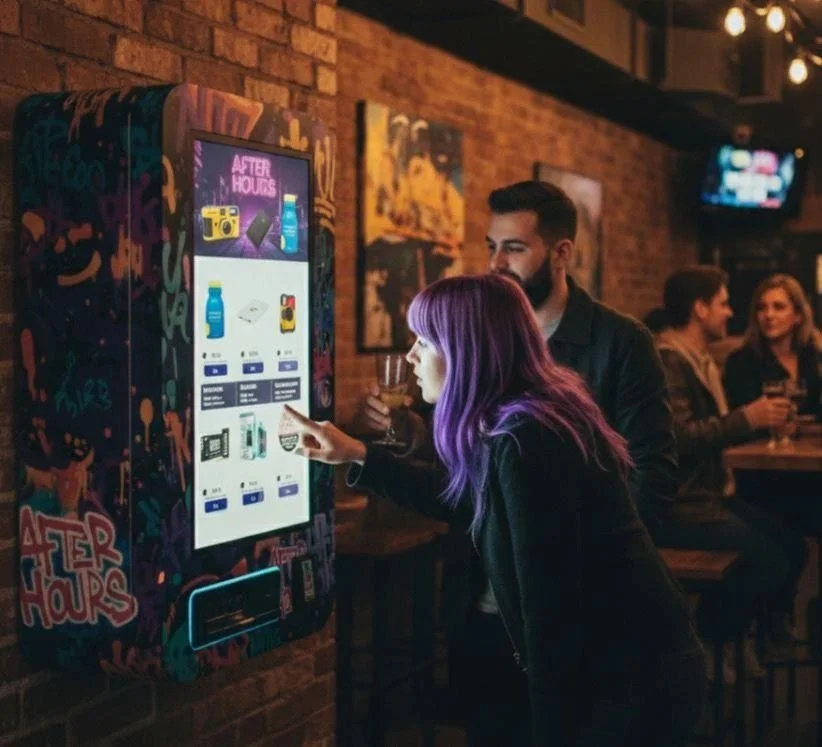 Adult patrons using a touchscreen vape vending kiosk inside a bar, allowing guests to purchase vape products conveniently without leaving the venue.