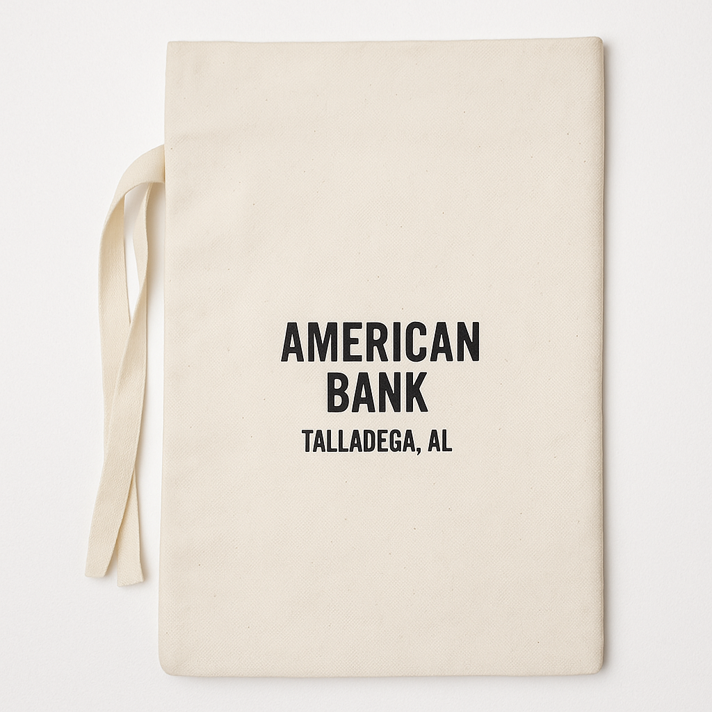 A beige cloth tote bag with black text that reads 'AMERICAN BANK TALLADEGA, AL' in the center.