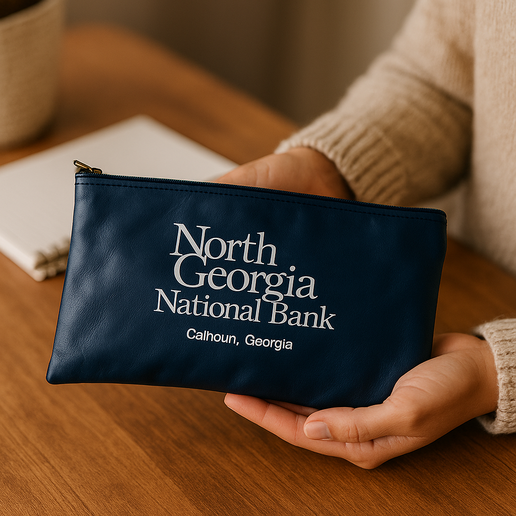 Person holding a navy blue bag with 'North Georgia National Bank Calhoun, Georgia' printed on it.