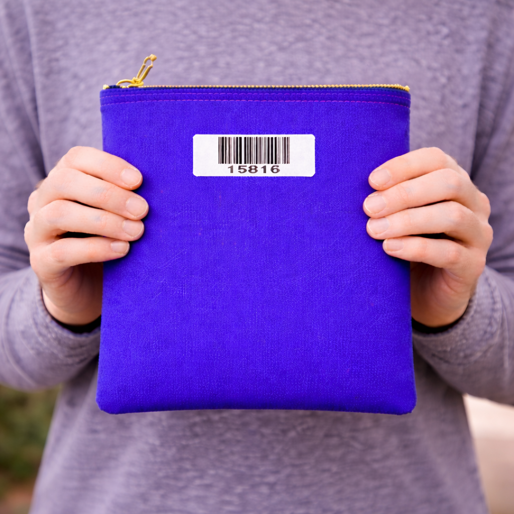 Person holding a purple zippered pouch with a barcode label that has the number 15816.