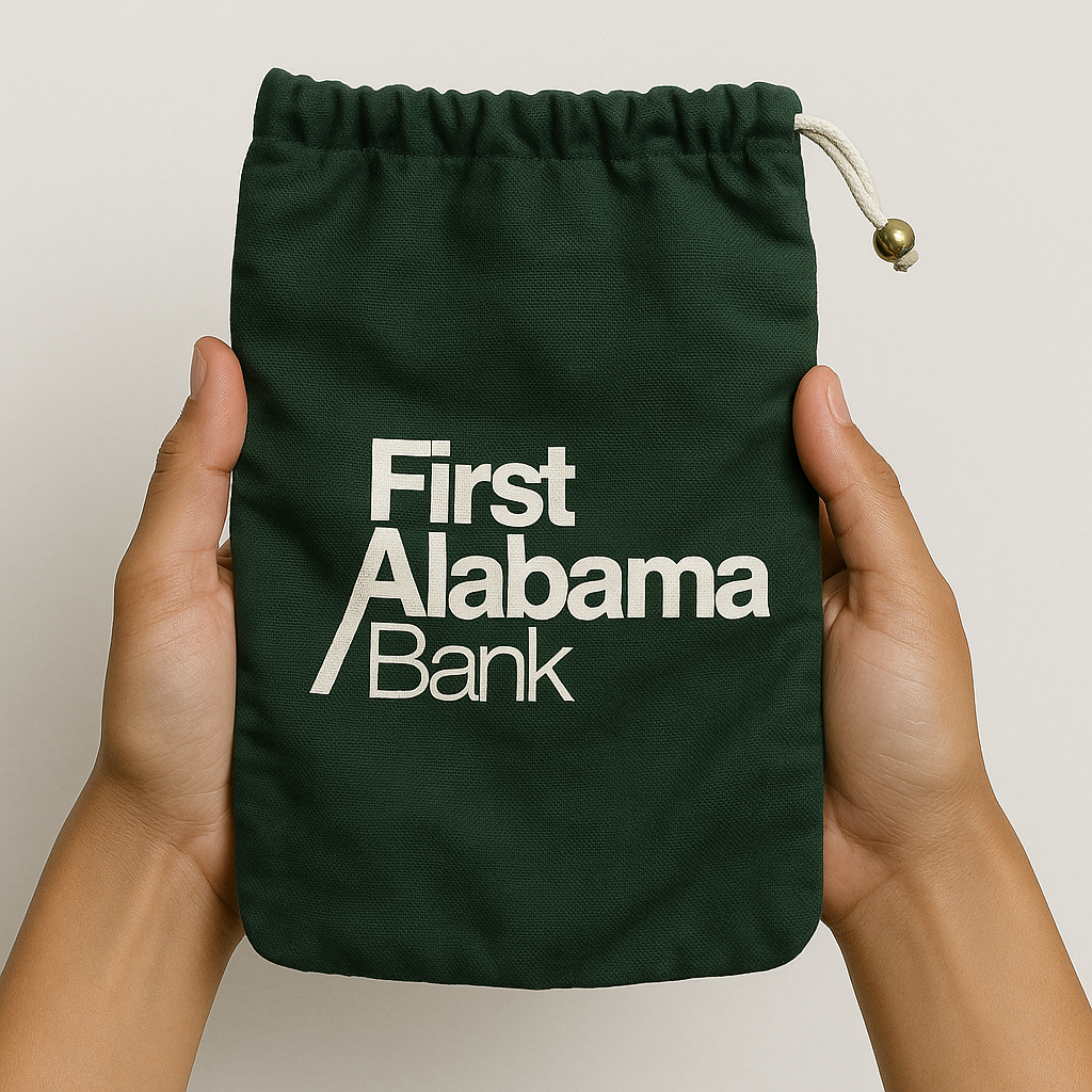 Person holding a dark green drawstring bag with white text that reads 'First Alabama Bank' against a plain background.
