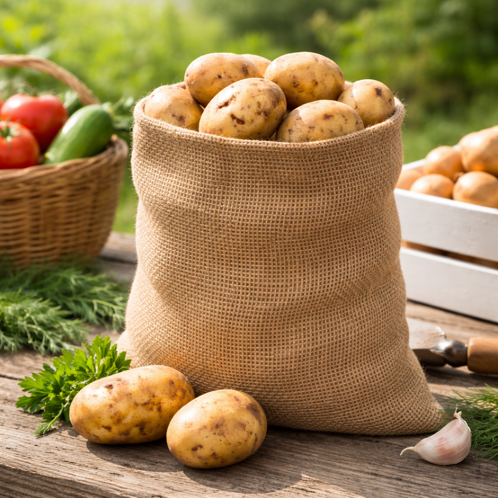 A burlap sack filled with dirty potatoes on a rustic wooden table outdoors with green foliage in the background, alongside garlic, parsley, and other vegetables.