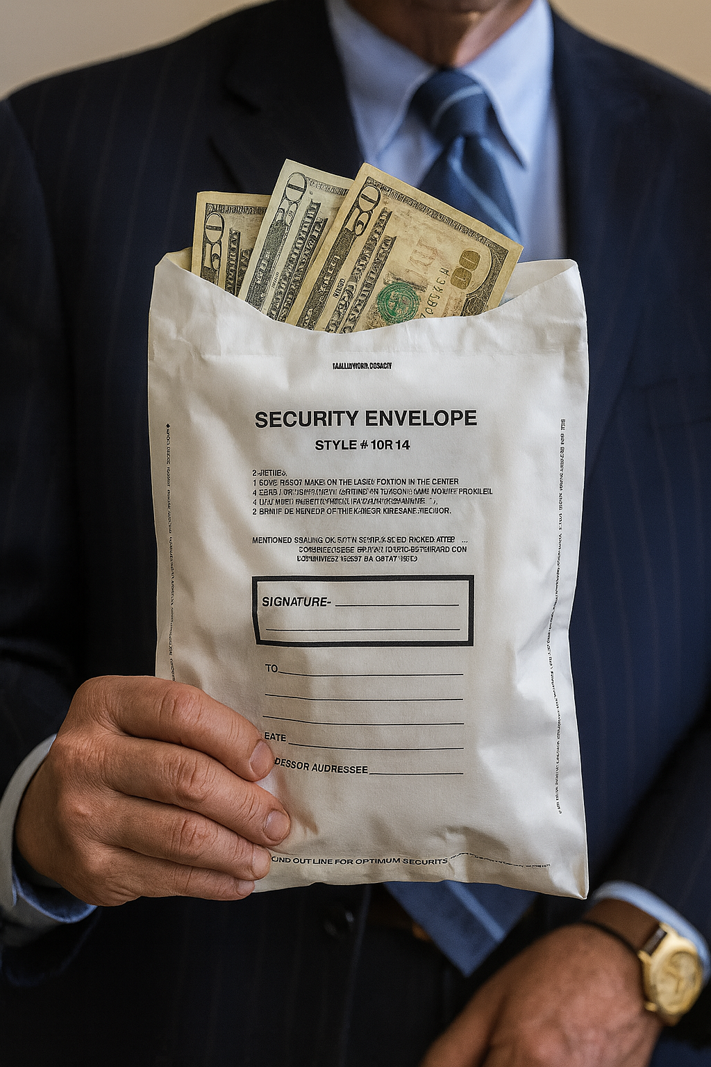 A man in a suit holding a security envelope with cash inside.