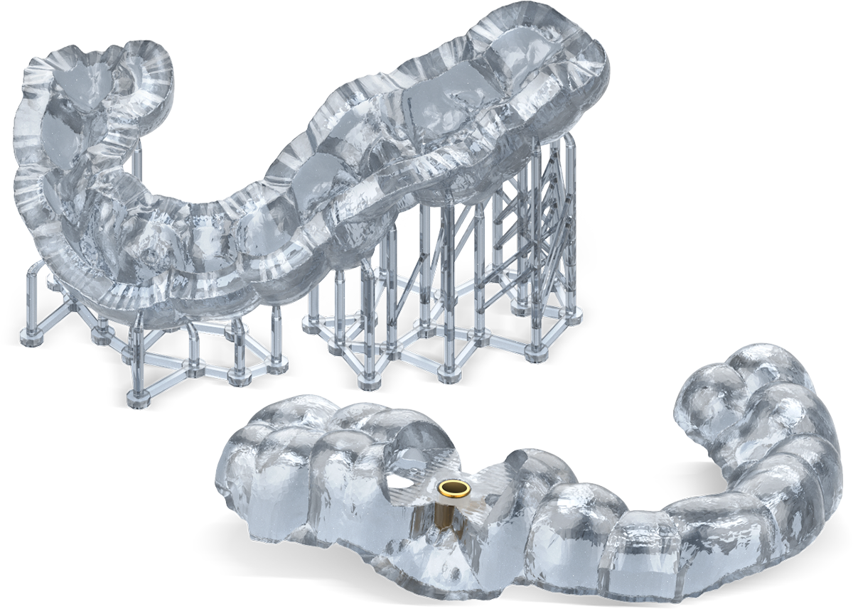 3D rendering of a transparent ice dental mold with metal inserts, showing the upper and lower teeth and dental arch.