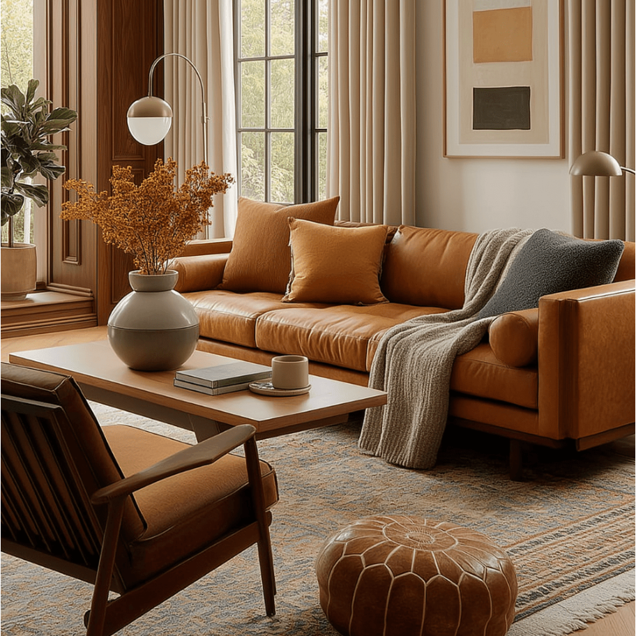 Cozy living room with a beige leather sofa, cushions, a throw blanket, a wooden armchair, a coffee table with a vase of dried flowers, books, a cup, a pouf, large windows with curtains, and framed artwork on the wall.