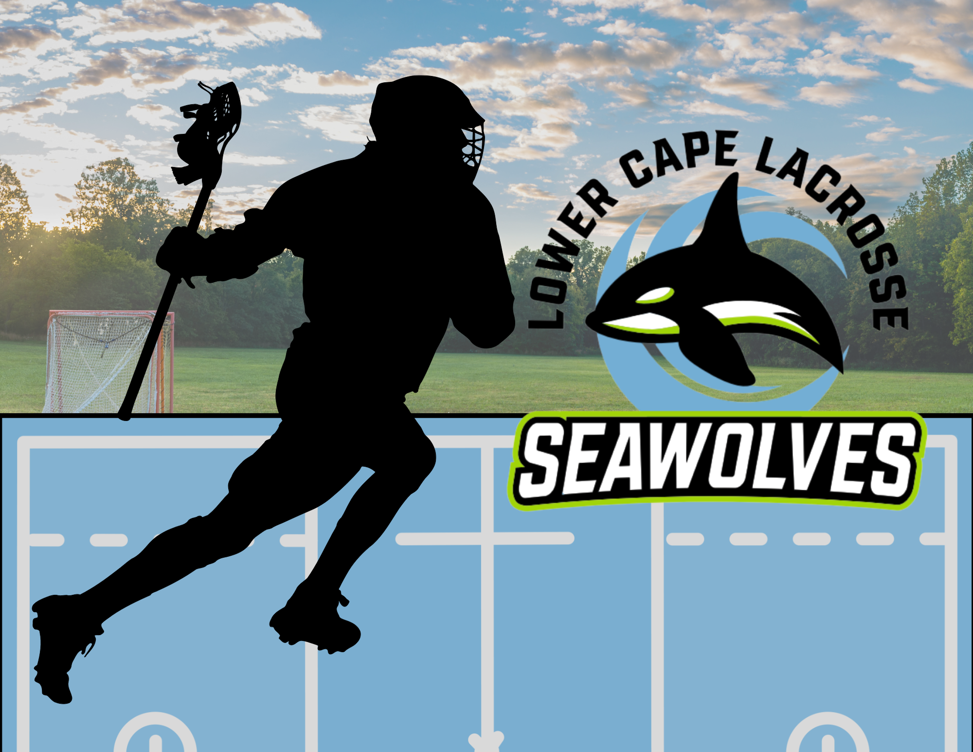 Silhouette of a lacrosse player running on a field with the logo of the Lowver Cape Lacrosse Seahawks, a stylized orca whale, and lacrosse equipment, with a background of trees and a cloudy sky.