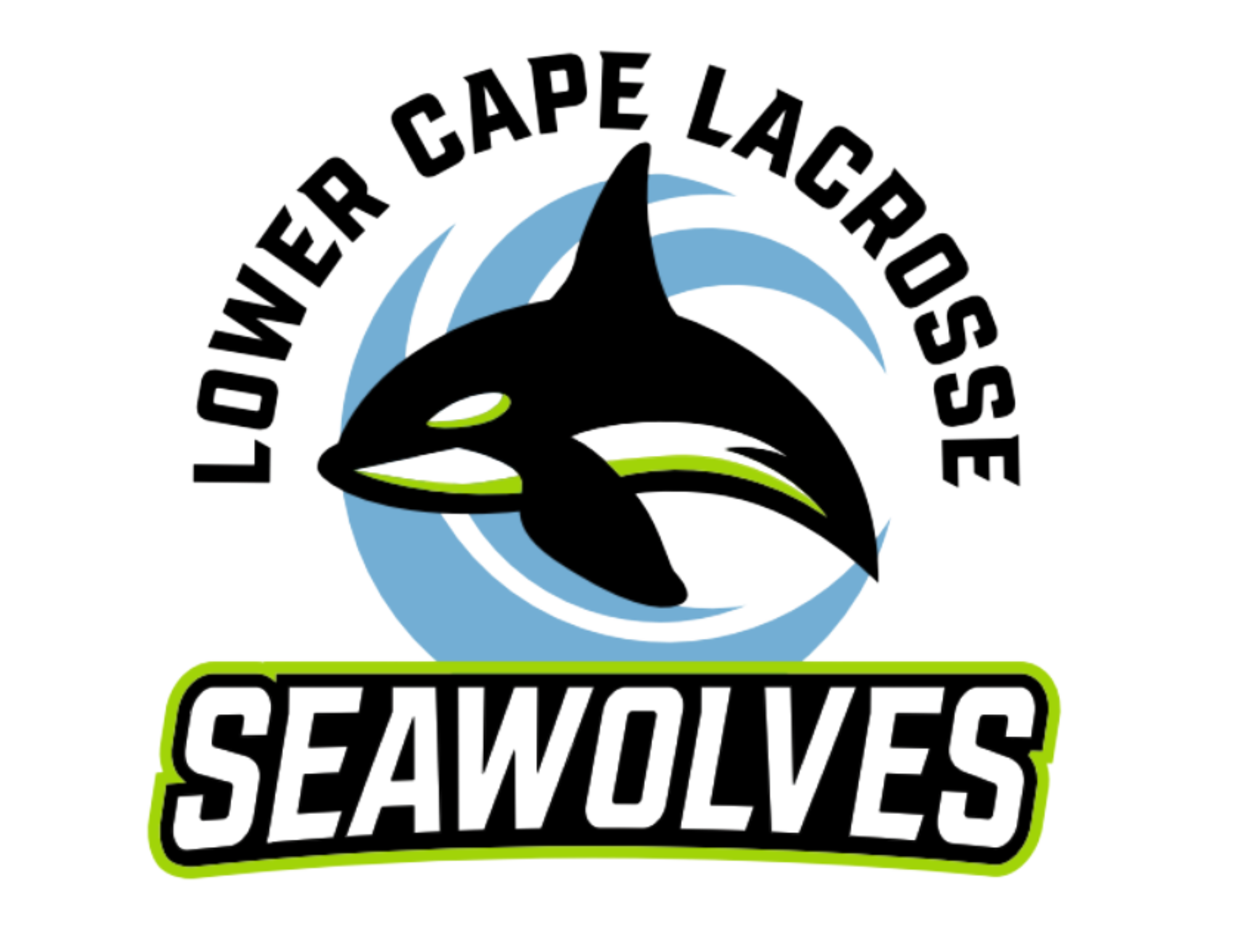 Logo of the Lighthouse Cape Lacross Seawolves featuring an orca whale, with the team name in black text and a green outline, set against a circular blue background.