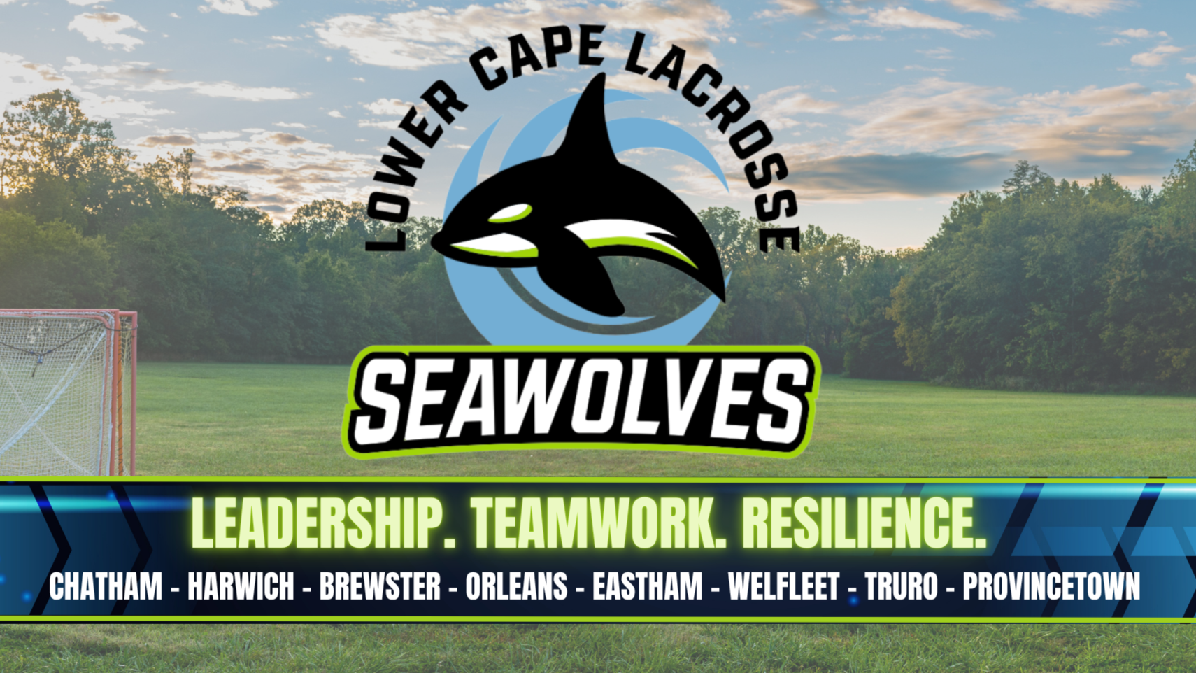 Logo for Lowver Cape Lacrosse Seawolves featuring a stylized orca whale in black and green, with the team name and keywords 'Leadership. Teamwork. Resilience' and list of town names.