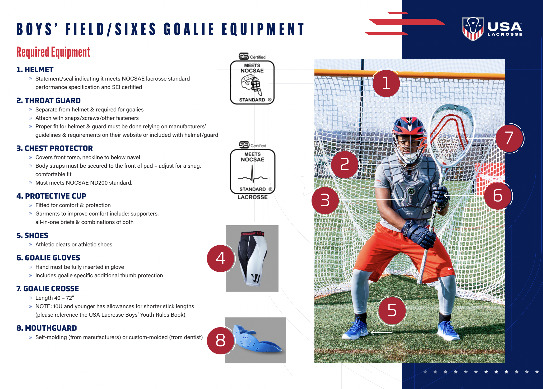 Chart listing required boys' lacrosse field and sixes game goaltending equipment, including helmet, throat guard, chest protector, protective cup, shoes, goalie gloves, goalie crosse, and mouthguard, with illustrations and checkmarks.