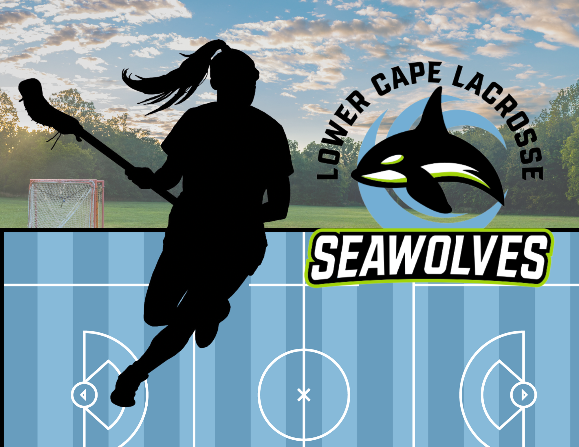 Silhouette of a female lacrosse player holding a lacrosse stick on a field at sunset, with a logo of a shark and the words 'Download Cape Lacrosse' and 'SeaWolves' on a graphic background.