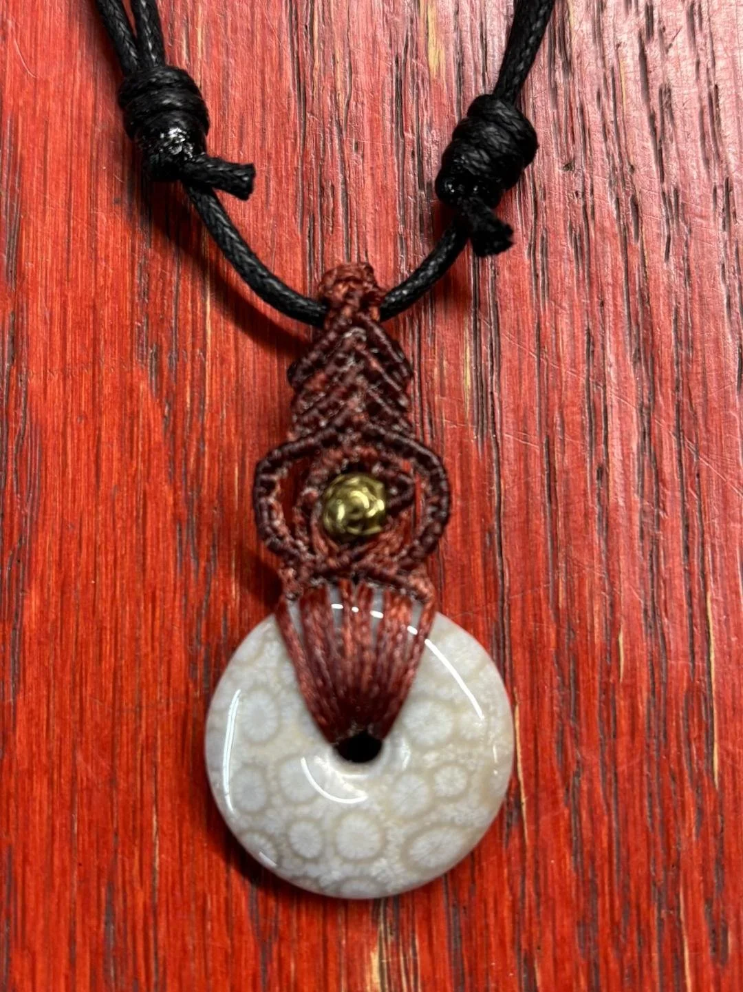 Fossil Coral Macrame Donut Necklace