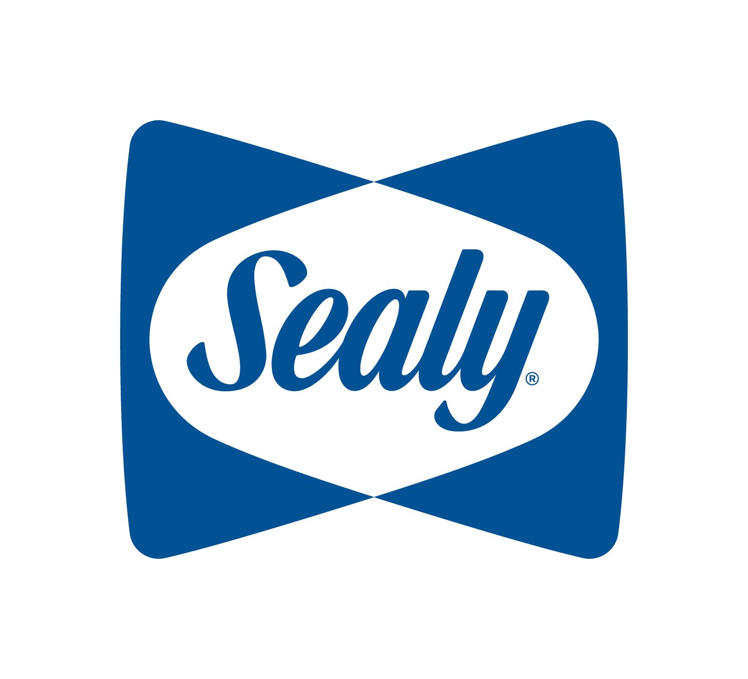 Sealy logo with blue and white design and the word 'Sealy' in cursive font