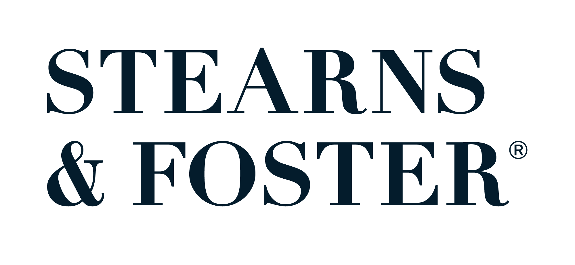 Logo for Stearns & Foster featuring the brand name in large navy blue letters on a black background.