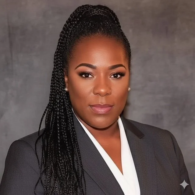Professional woman in a black blazer with braided hair and pearl earrings, posing against a textured gray background.