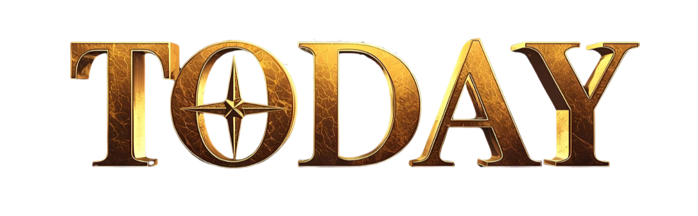 The word 'TODAY' in bold, gold, 3D text with a metallic and cracked texture, featuring a compass rose inside the letter 'O'.