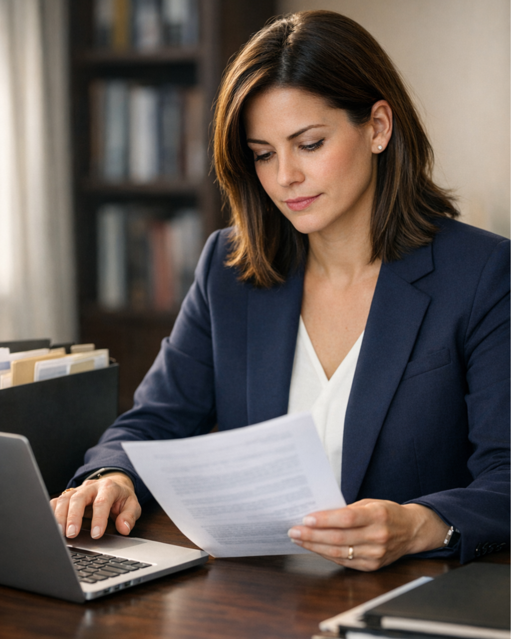 A professional woman reviewing compliance documents at her desk in a modern office