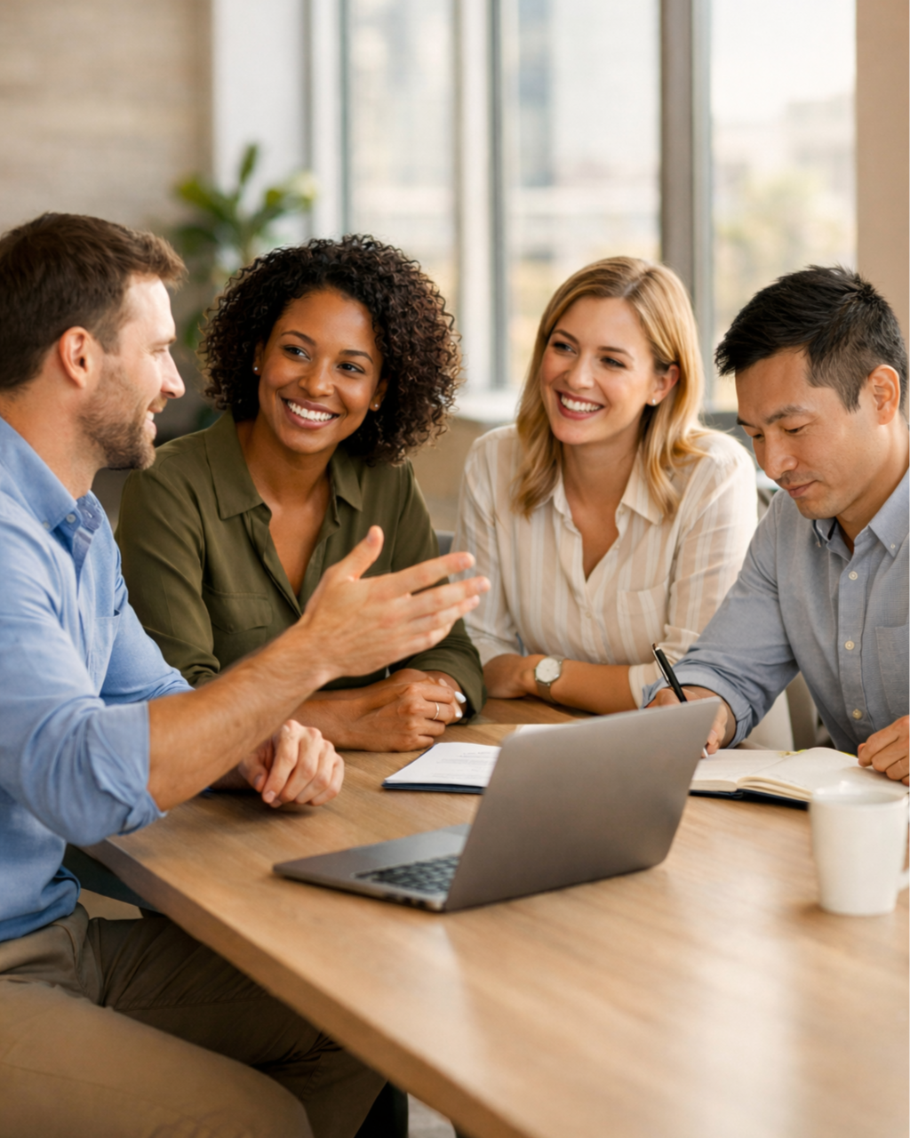 A diverse group of professionals collaborating around a conference table in a modern office with natural lighting