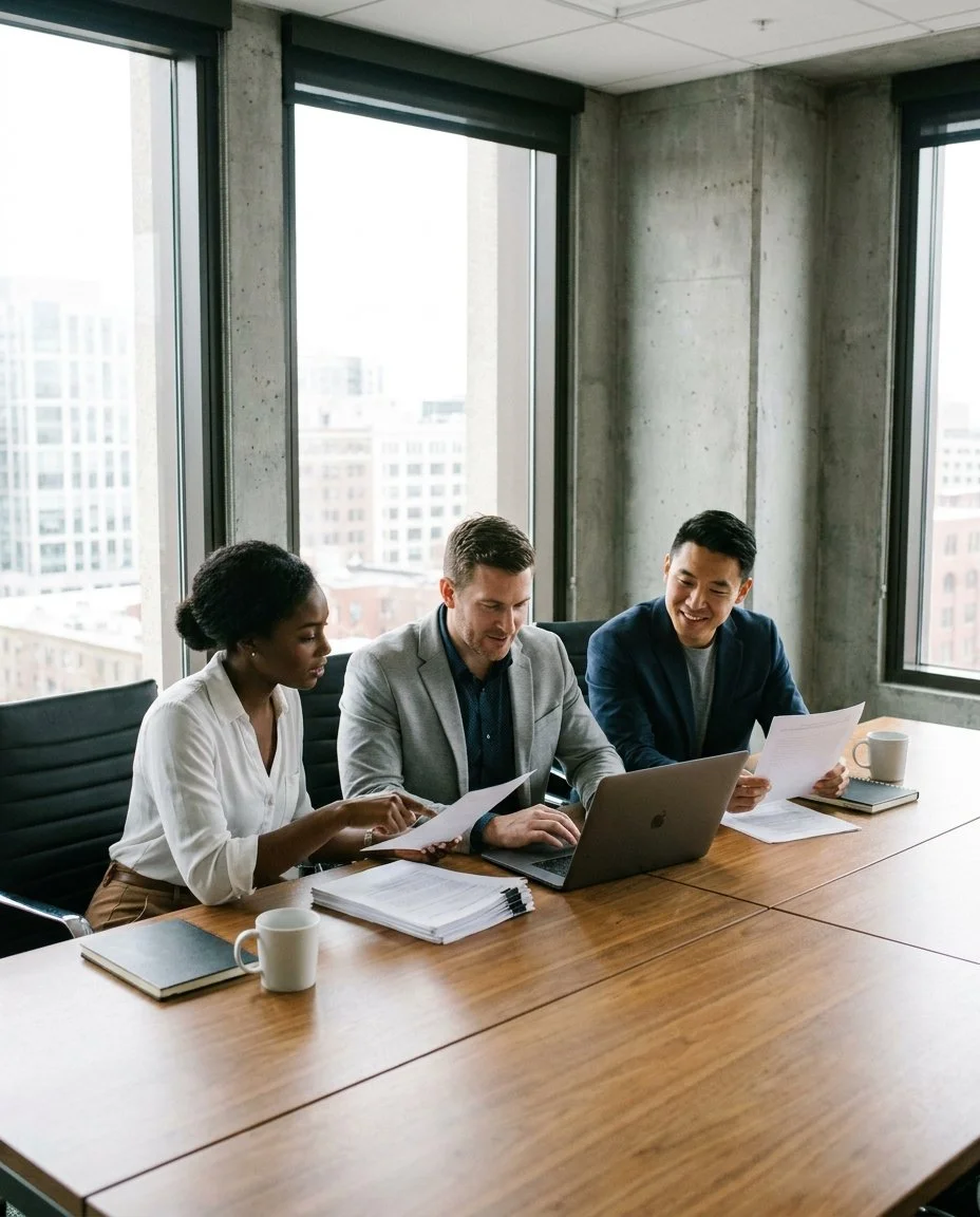 Three business professionals reviewing documents together in a conference room representing mid-market employers working with an employee benefits consultant