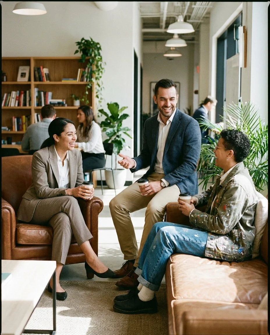 Three professionals from different industries having a relaxed conversation in a shared workspace representing a mutual employee benefits referral partner network