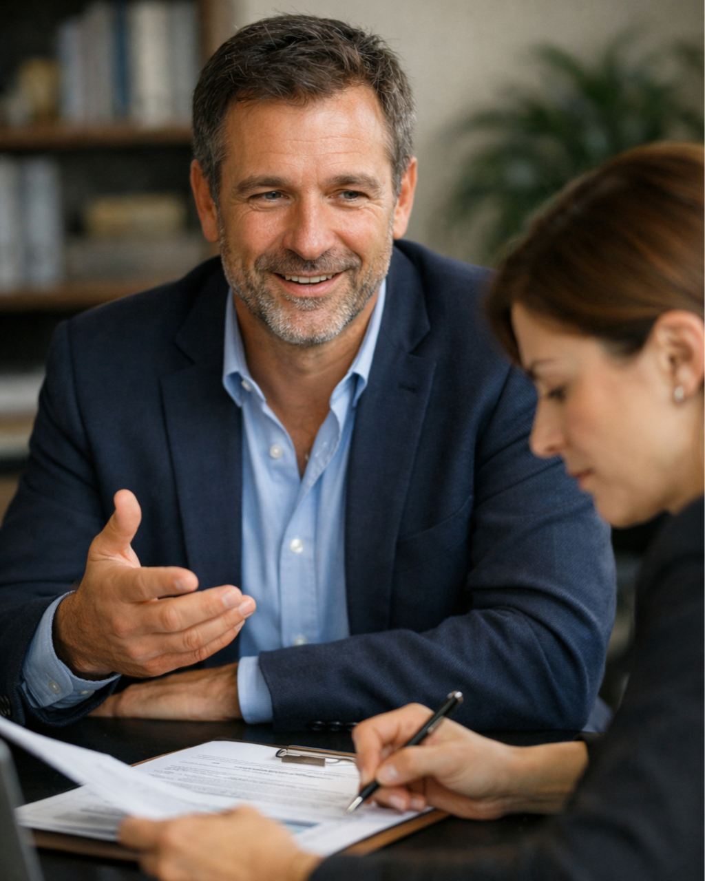 A benefits consultant explaining plan options to a client during an introductory meeting in a modern office