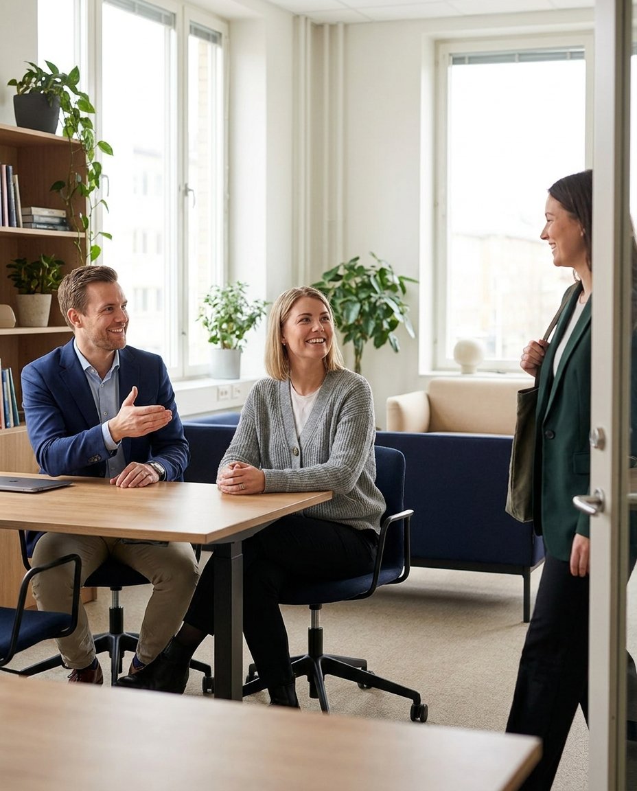 Two professionals welcoming a new contact into a meeting room representing an employee benefits referral introduction