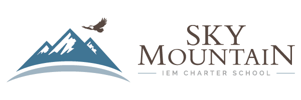 Logo for Sky Mountain IEM Charter School featuring mountains, a flying bird, and text.