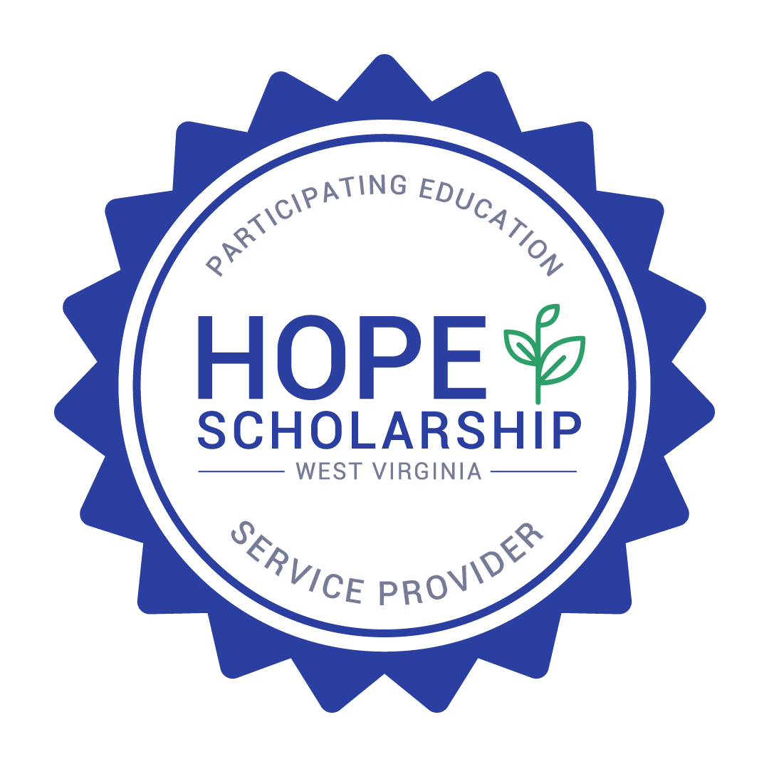 Seal with a blue border, reading "Participating Education Service Provider," "West Virginia," and "Hope Scholarship" with a green plant icon in the center.