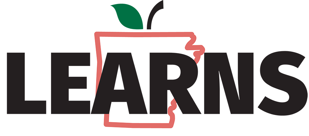A graphic logo featuring the word 'LEARNS' with the outline of the state of Arkansas in red, incorporating a cherry with a leaf and stem.