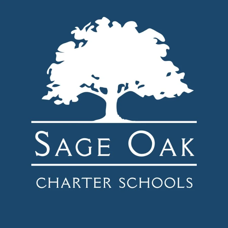 Logo of Sage Oak Charter Schools featuring a white silhouette of a large oak tree on a dark blue background with the text 'Sage Oak' above 'Charter Schools' below.