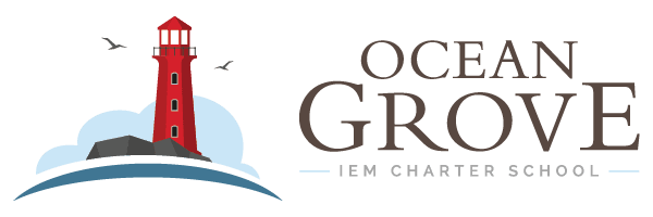 Logo for Ocean Grove IEM Charter School featuring a red lighthouse on rocks with a black background and seagulls flying