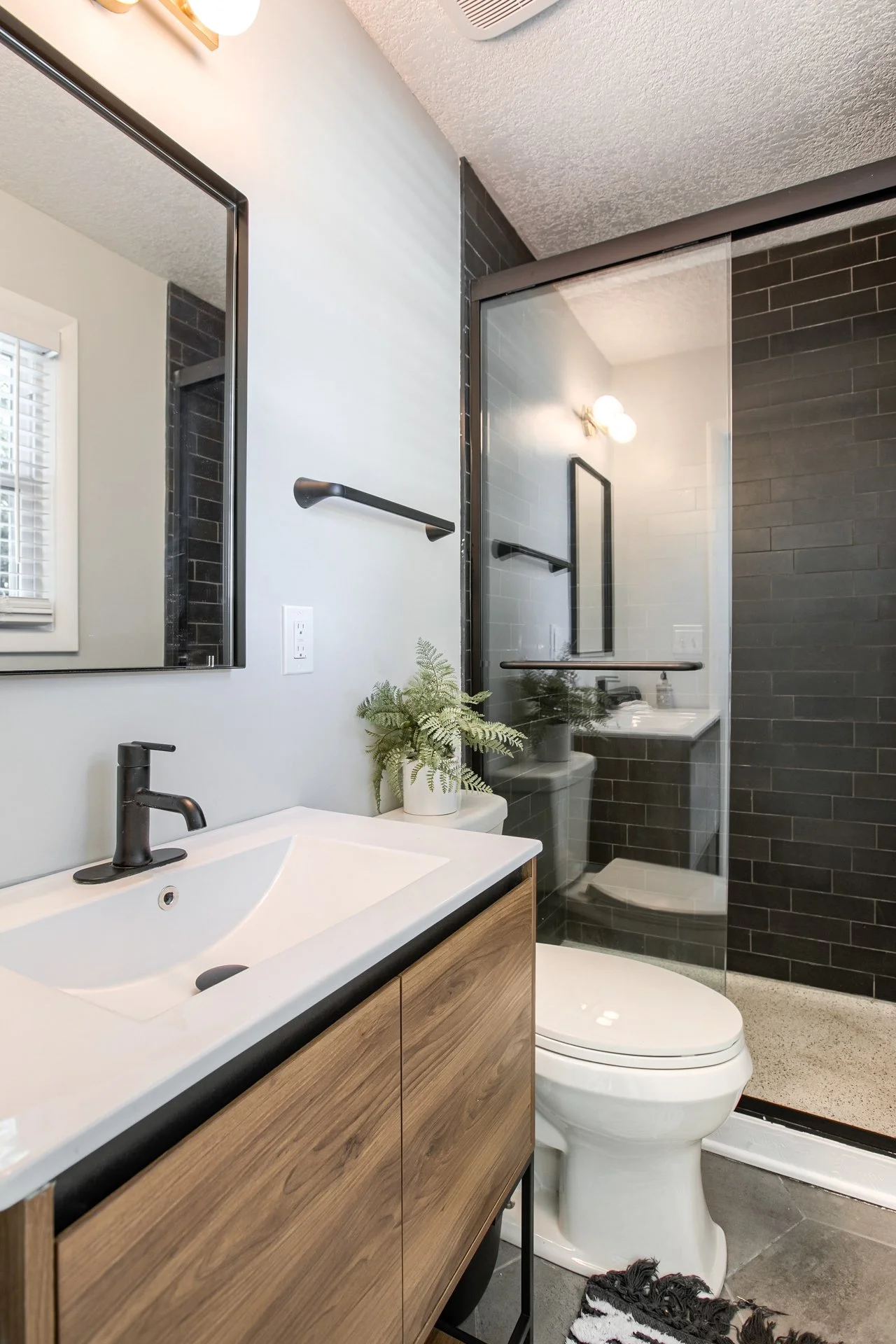 Modern bathroom with a white vanity, black faucet, mirror, potted fern, toilet, and a glass-enclosed shower with black tiles.