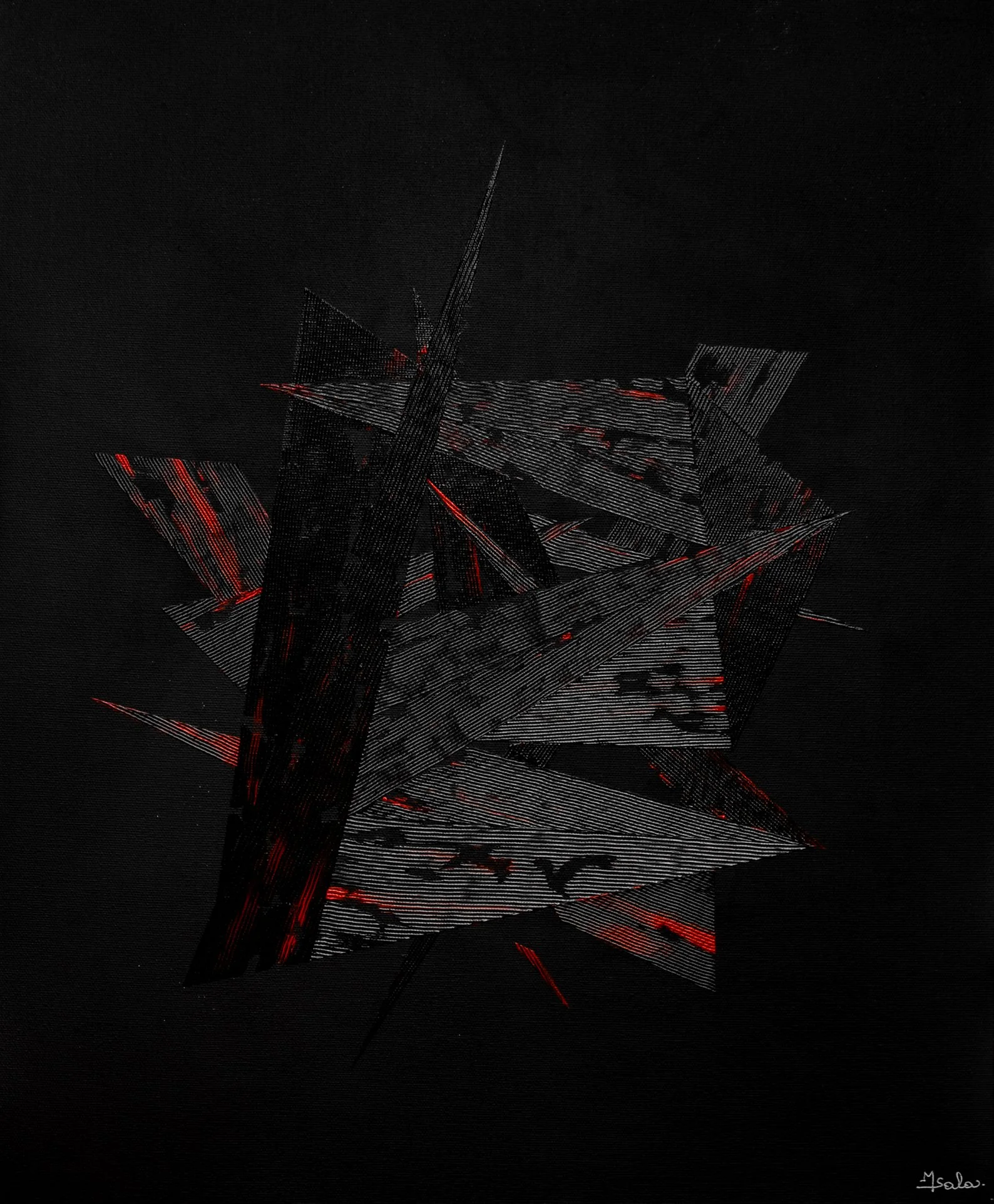 Peinture abstraite avec des formes géométriques angulaires noires et rouges sur fond noir. Acrylique sur toile.
