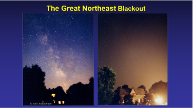 Two images: one showing the night sky without light pollution vs. one with