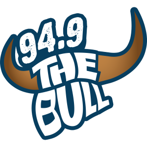Logo for 94.9 The Bull radio station featuring a stylized bull horn and bold white text.