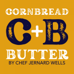 Cornbread, butter, and a plus sign on a yellow and dark blue background