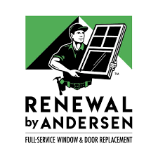 Logo for Renewal by Andersen featuring a person holding a window or door, with green, black, and white colors and text promoting window and door replacement services.