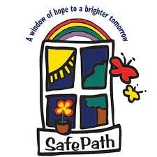 A colorful illustration of a window with four panes, showing a yellow sun, green trees, and a blue sky. A red and yellow butterfly is flying nearby. Below the window, the text reads 'Safe Path.' Above, there is a rainbow and the phrase 'A window of hope to a brighter tomorrow.'