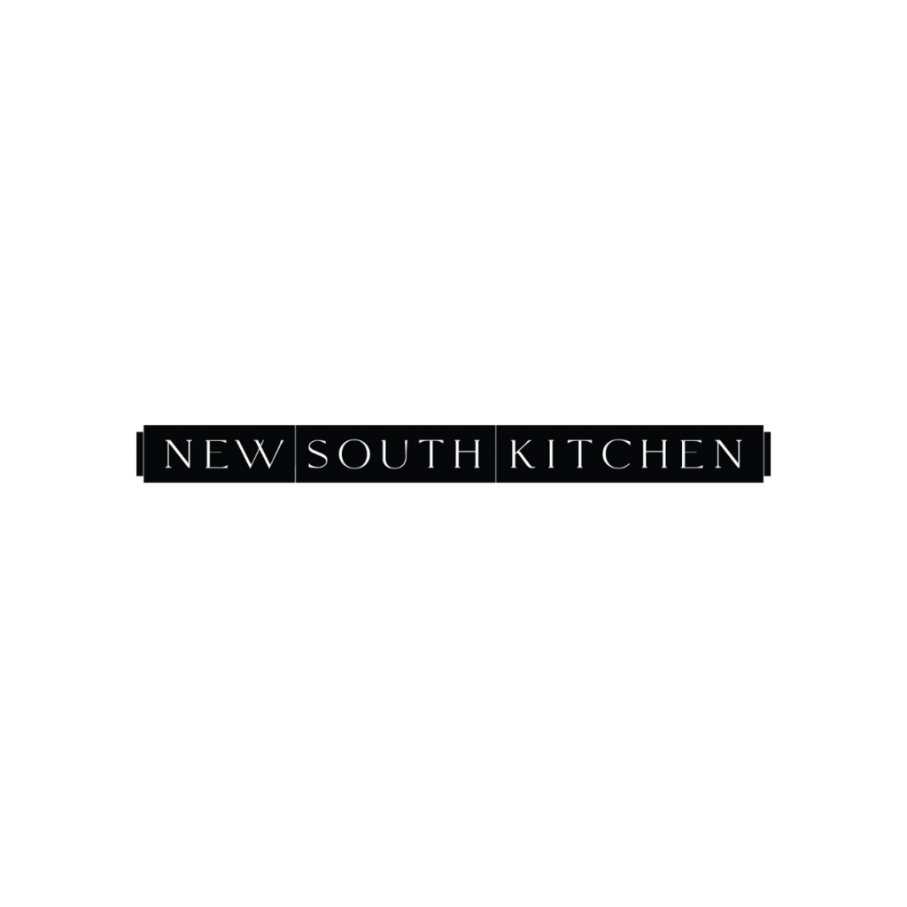Logo with the text 'New South Kitchen' on a black background with white letters.