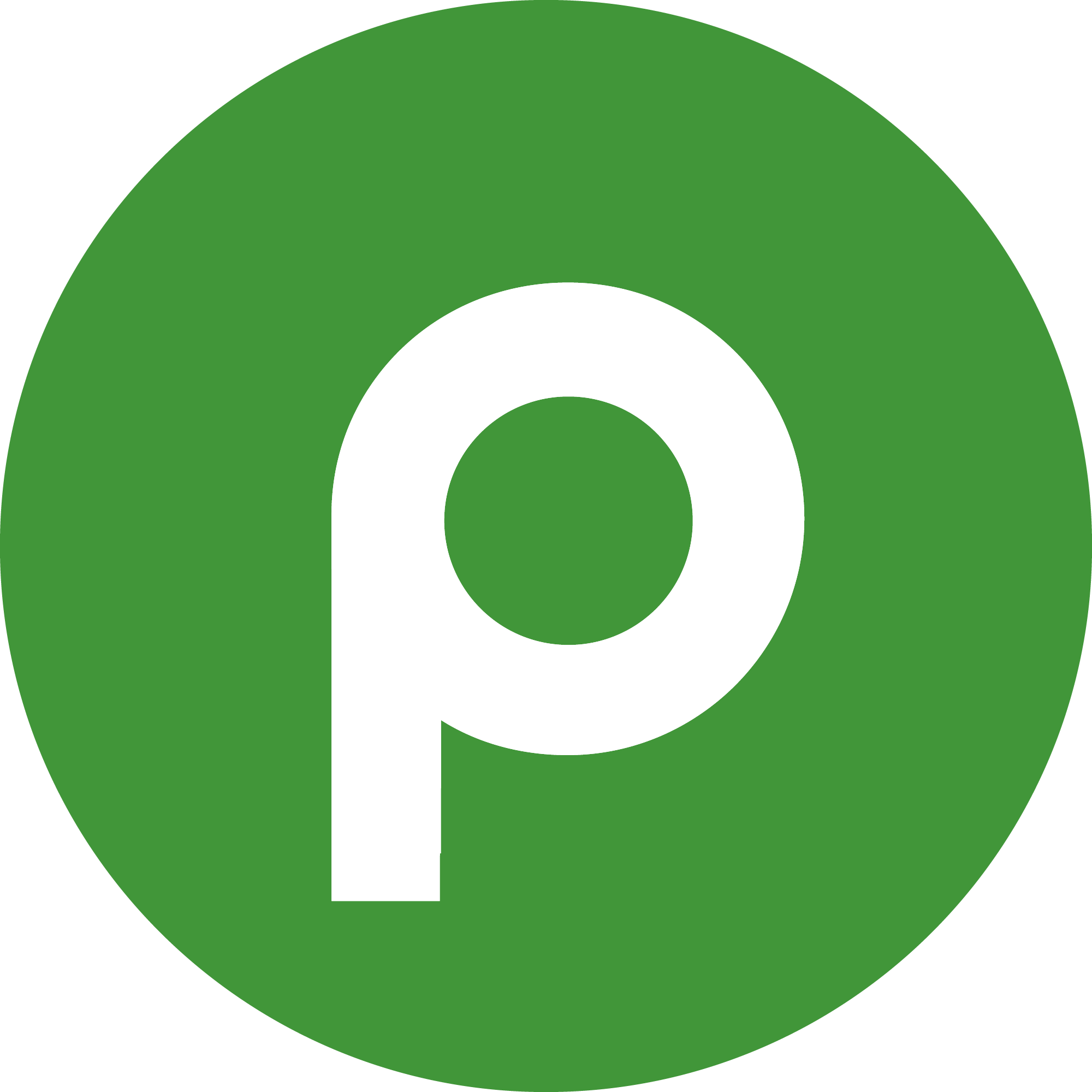 Green circular logo with a white lowercase letter 'p' in the center.
