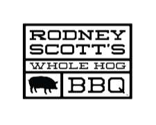 Sign for Rodney Scott's Whole Hog BBQ with text and a pig silhouette