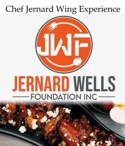 Logo of Jernard Wings Foundation Inc. with the text 'Chef Jernard Wing Experience' and a background image of glazed chicken wings.