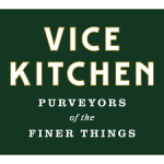 Logo for Vice Kitchen, Purveyors of the Finer Things, with green background and white text.
