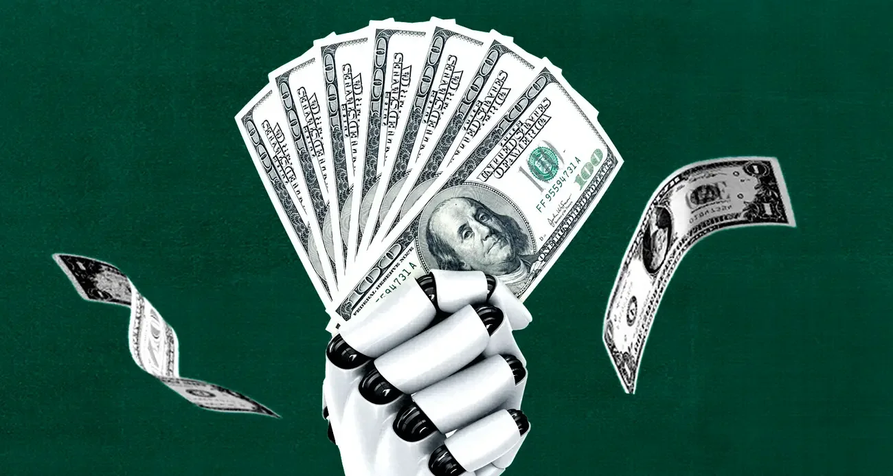 A robotic hand holding a fan of hundred-dollar bills with some bills floating in the air against a green background.