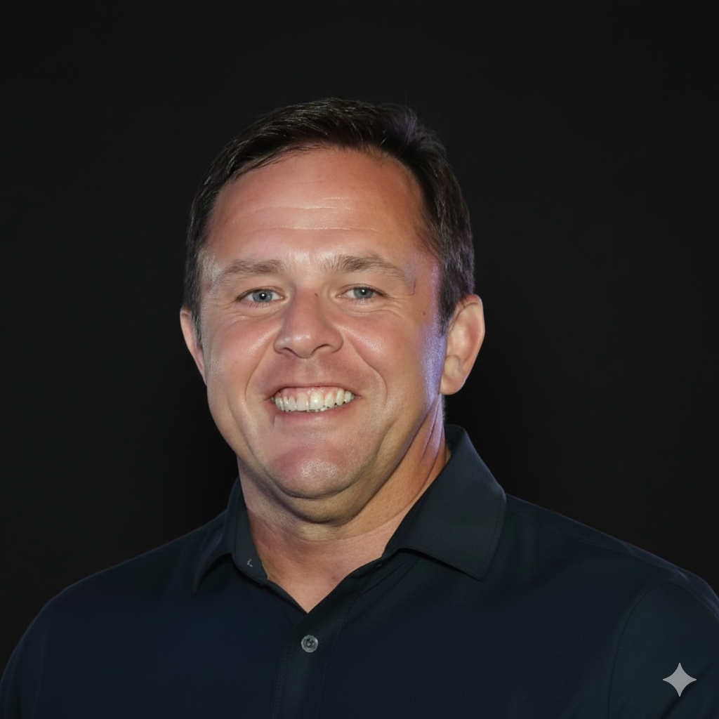 A smiling man with short brown hair wearing a black collared shirt against a dark background.